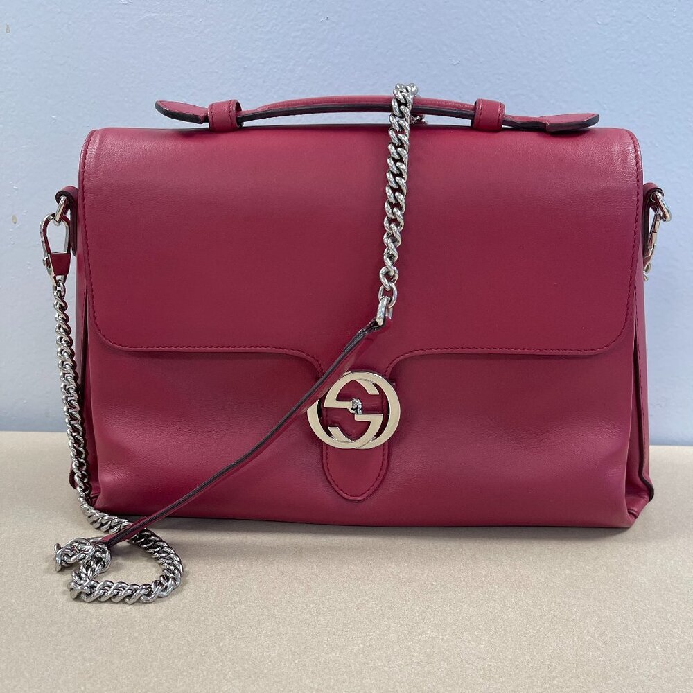 Gucci Interlocking G Top Handle Bag in Red Calfskin Leather - Preowned